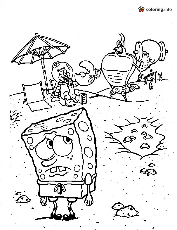 Nervous SpongeBob SquarePants at the Beach with Sandy and Larry printable coloring page Nervous SpongeBob SquarePants at the Beach with Sandy and Larry printable coloring page