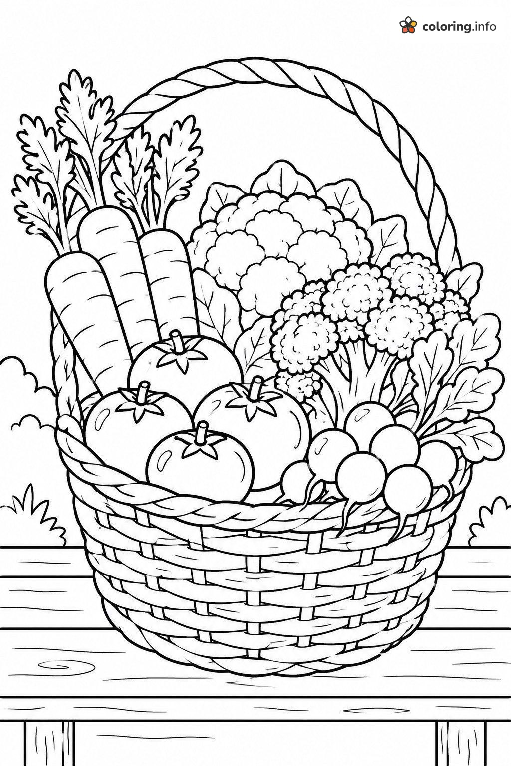 Basket Overflowing with Fresh Garden Vegetables printable coloring page Basket Overflowing with Fresh Garden Vegetables printable coloring page