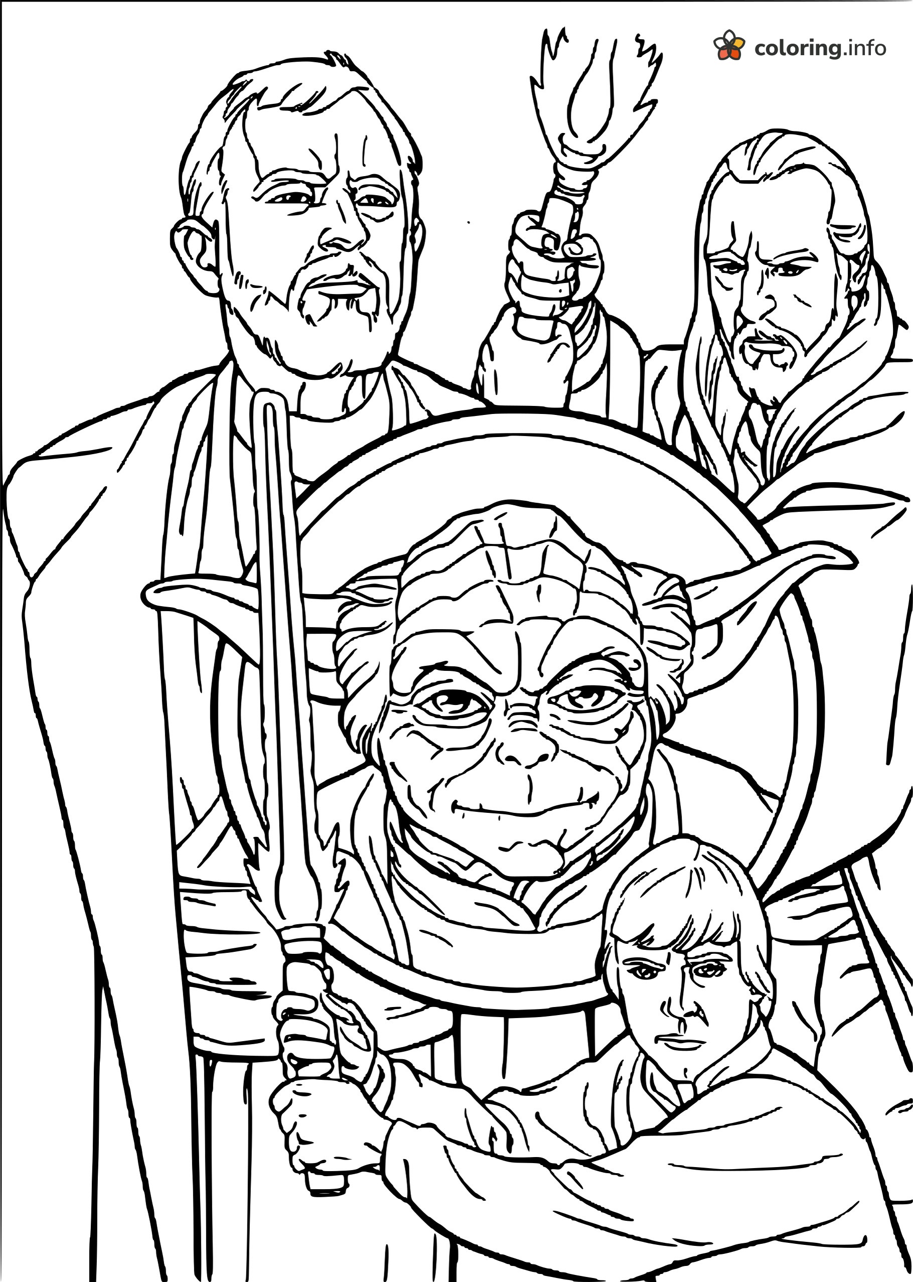 Yoda Among Three Robed Warriors, Star Wars Lightsaber Group printable coloring page Yoda Among Three Robed Warriors, Star Wars Lightsaber Group printable coloring page