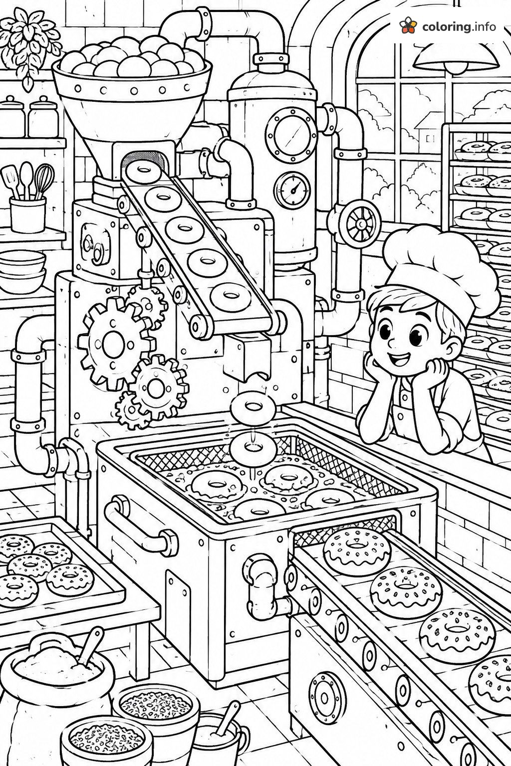 Boy Watching a Donut Factory Machine coloring page Boy Watching a Donut Factory Machine coloring page