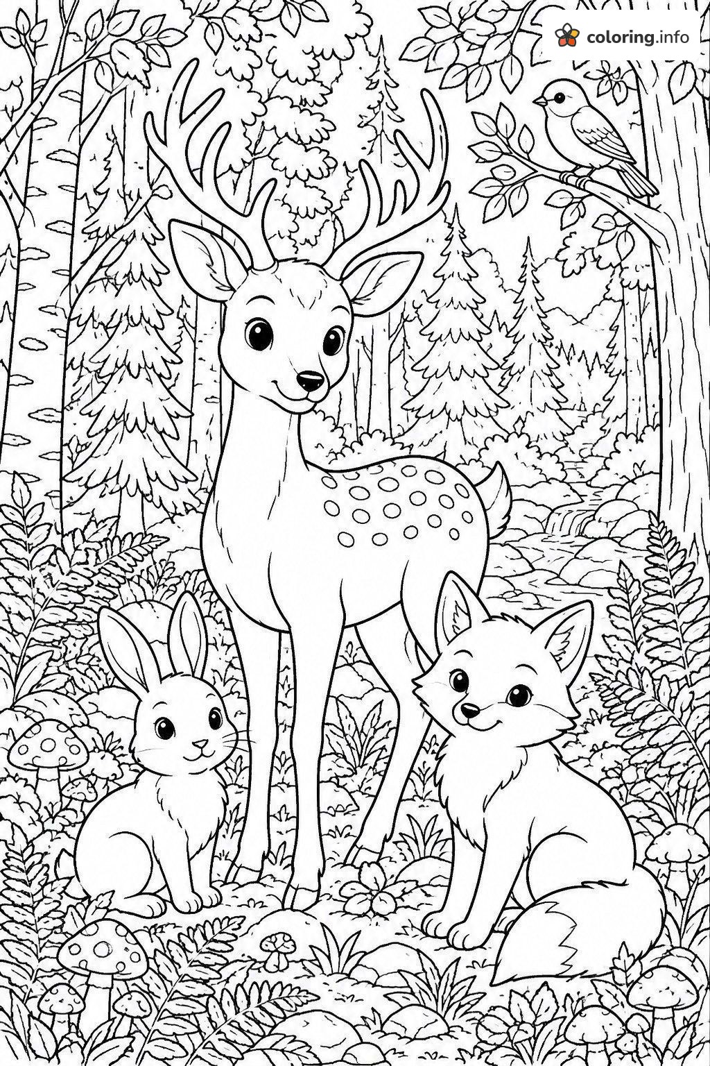 Forest Clearing Tree Scene with Deer, Fox and Bunny printable coloring page Forest Clearing Tree Scene with Deer, Fox and Bunny printable coloring page