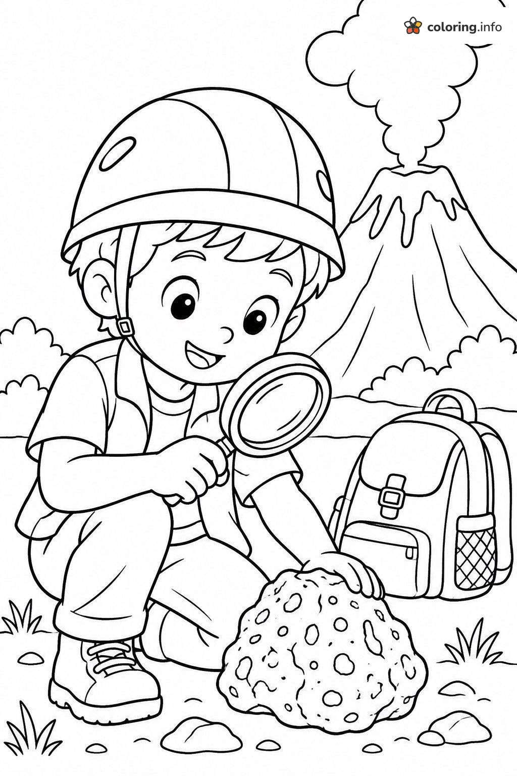 Boy Studying a Rock Near a Volcano coloring page Boy Studying a Rock Near a Volcano coloring page