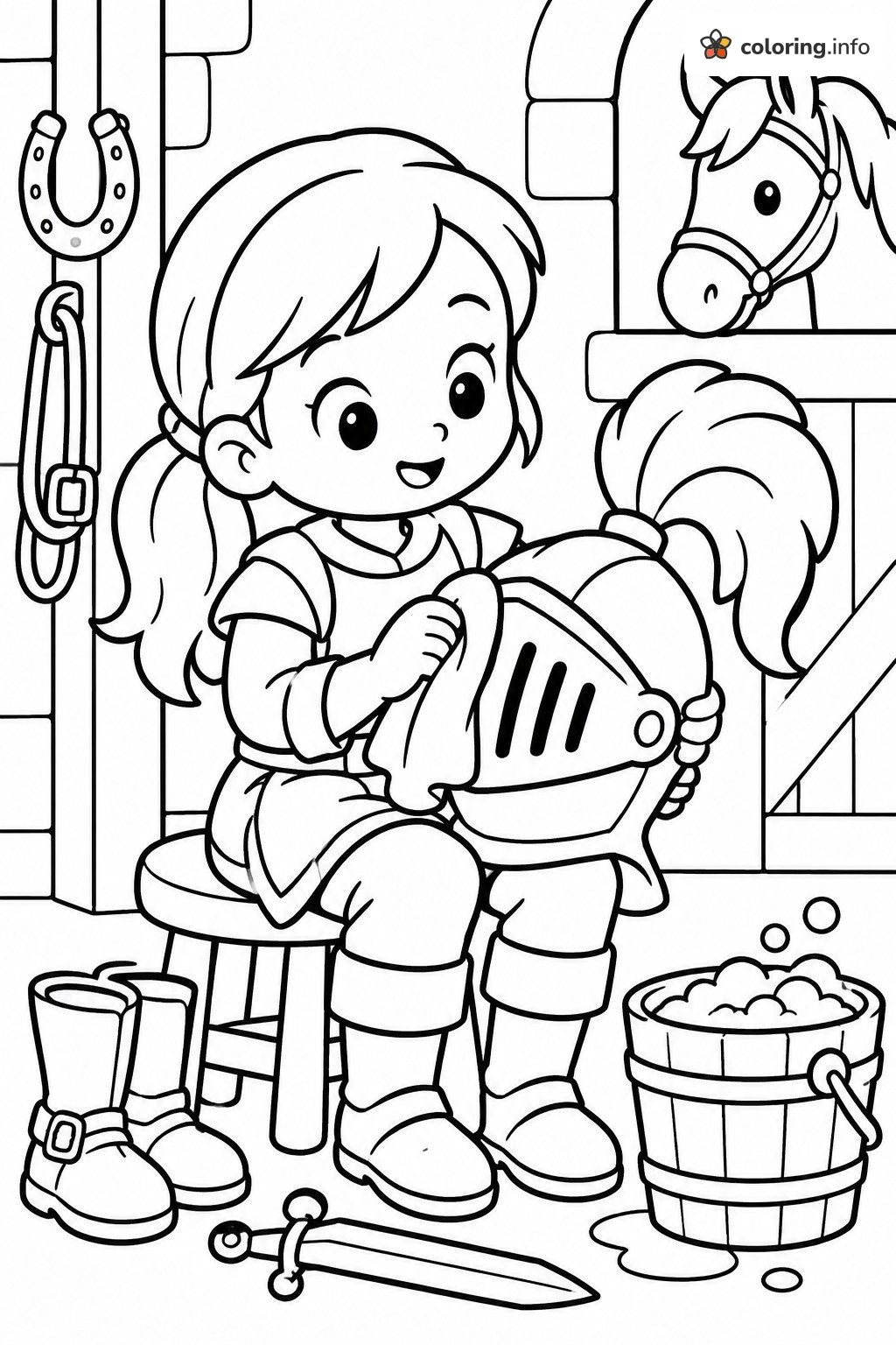 Helmet Polishing in the Stable with Nella the Princess Knight coloring page Helmet Polishing in the Stable with Nella the Princess Knight coloring page