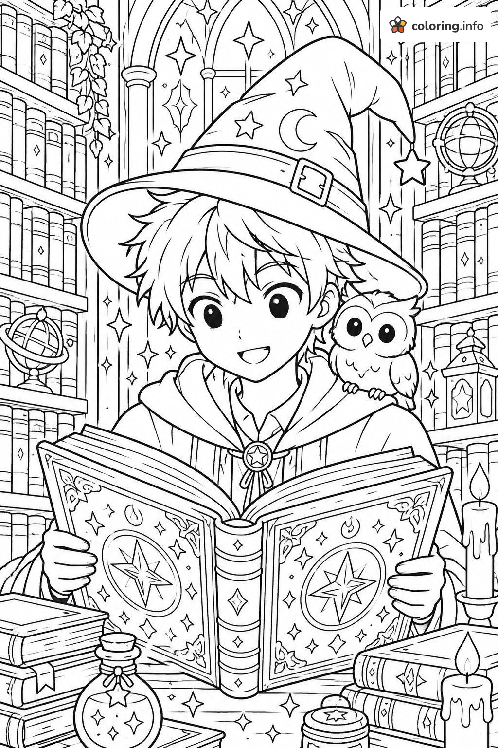 Young Wizard with Owl and Spellbook in an Anime Style Library coloring page Young Wizard with Owl and Spellbook in an Anime Style Library coloring page