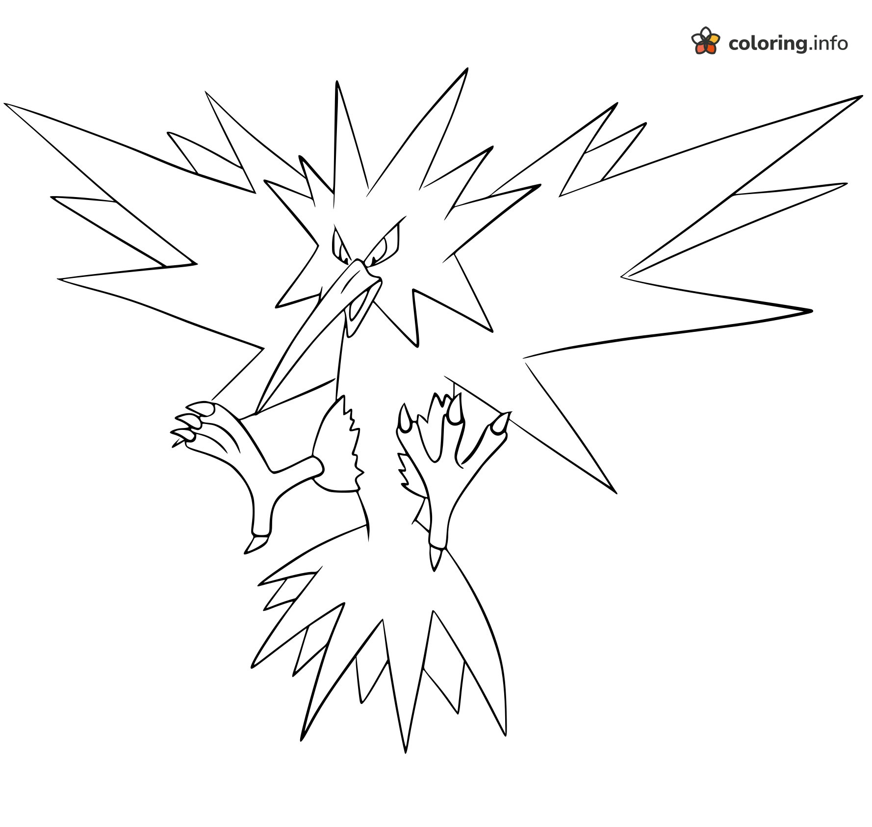 Zapdos Legendary Pokémon With Lightning Wings Flung Wide coloring page Zapdos Legendary Pokémon With Lightning Wings Flung Wide coloring page