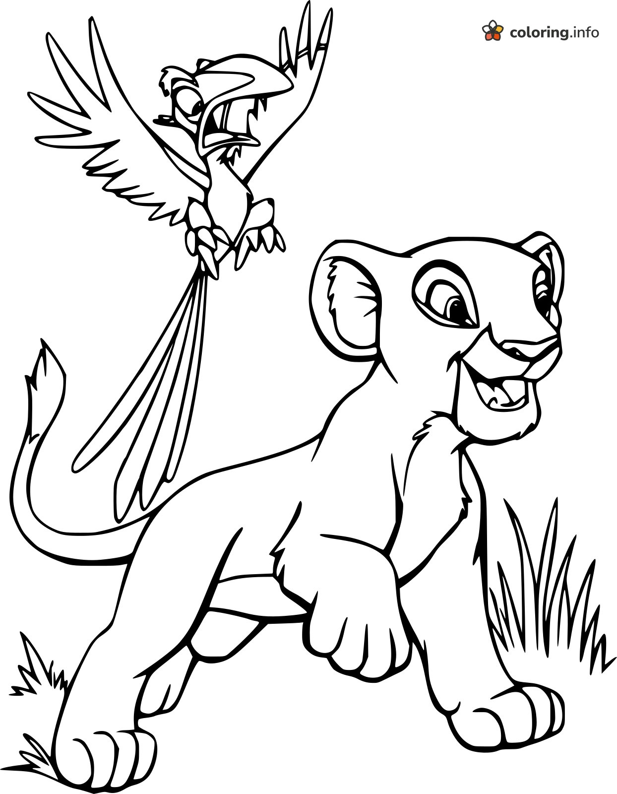 Cheerful Lion Cub Walking Under Zazu, The Lion King coloring page Cheerful Lion Cub Walking Under Zazu, The Lion King coloring page