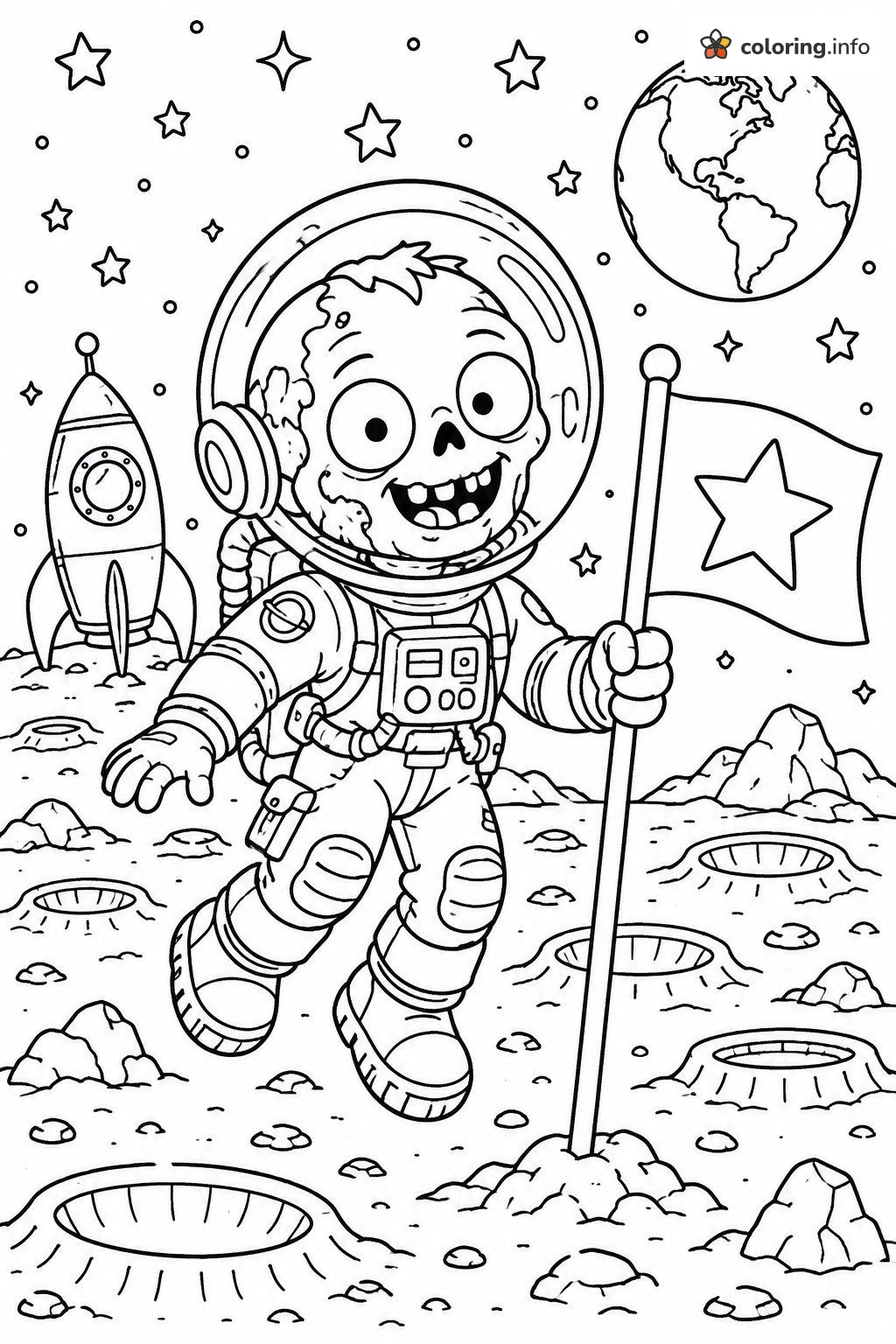 Moon Landing Zombie Astronaut With Star Flag coloring sheet Moon Landing Zombie Astronaut With Star Flag coloring sheet