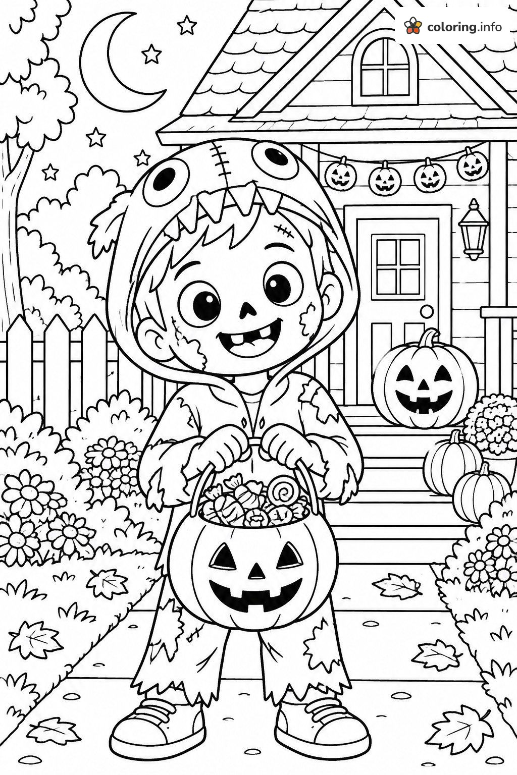 Trick-or-Treat Zombie Costume Kid With Pumpkin Bucket coloring page Trick-or-Treat Zombie Costume Kid With Pumpkin Bucket coloring page