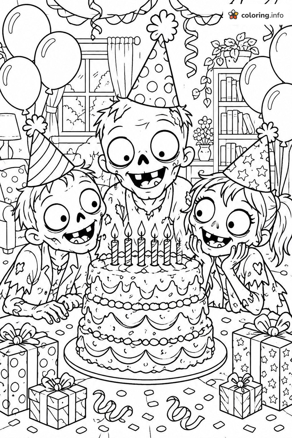 Birthday Cake Party With Three Zombie Kids printable coloring page Birthday Cake Party With Three Zombie Kids printable coloring page