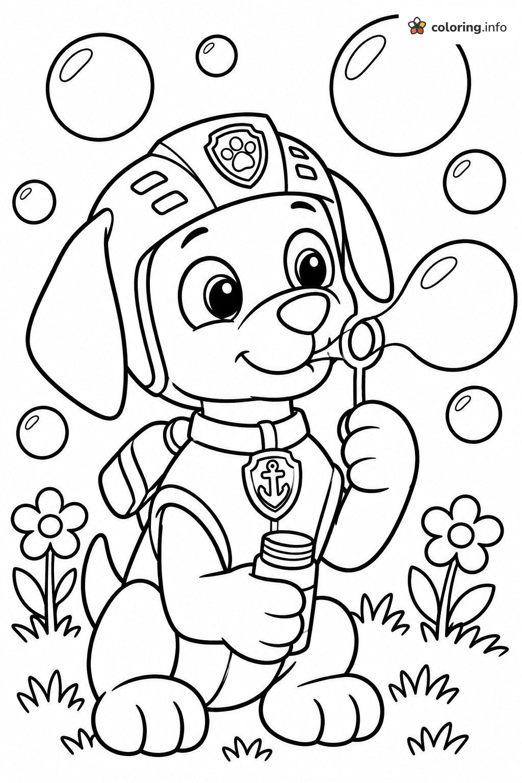 Bubble Wand Fun for Zuma (PAW Patrol) in the Flowers coloring page Bubble Wand Fun for Zuma (PAW Patrol) in the Flowers coloring page