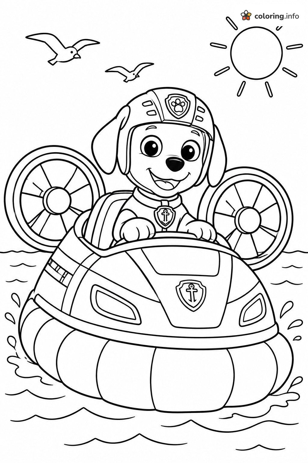Hovercraft Ride with Zuma (PAW Patrol) and Seagulls coloring sheet Hovercraft Ride with Zuma (PAW Patrol) and Seagulls coloring sheet