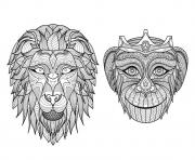Printable adult africa heads monkey lion coloring pages