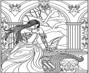Printable adult fantasy woman skulls snake coloring pages