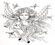 Printable difficult fairies with bird nature flowers coloring pages