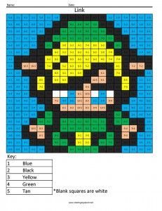 Link Nintendo multiplication coloring worksheet pixel art