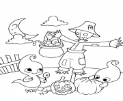 scene with a scarecrow and cute ghosts halloween