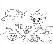cute little devil with a cat and pumpkins halloween