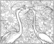 Printable flamingo in fantasy flower garden outline hand drawing good coloring pages