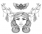 Printable woman with horns of deer in dog as a shaman nymph of the forest coloring pages
