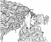 Printable main encre dessinee doodle cheval avec criniere et filles coloring pages