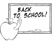 happy worm in apple in front of school chalk board