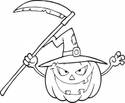 halloween pumpkin with a witch hat and scythe