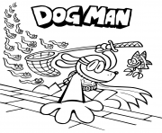 Printable Dog Man capture fish coloring pages