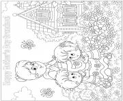 mothers day grandmother girl boy hug flowers garden butterlies coloring pages