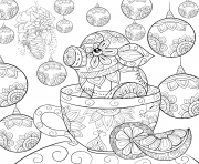 Printable a cute little pig in a mug on a christmas background coloring pages