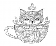 Printable little kitten in coffee cup for relaxation coloring pages