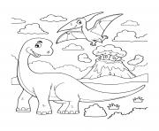 dinosaur cartoon brachiosaurus with flying dinosaur volcano