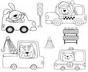 Printable animals driving vehicles taxi motor ambulance construction coloring pages
